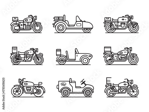 Motorbike Sidecar Line Art Classic Retro Style