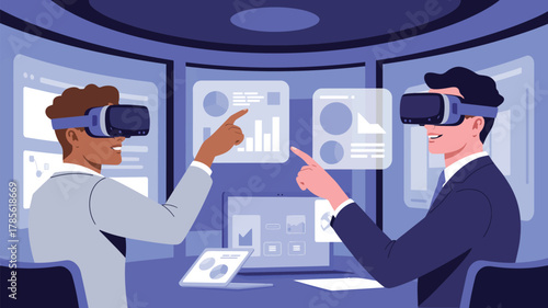 Two business professionals using vr headsets in a modern office interacting with virtual data displays