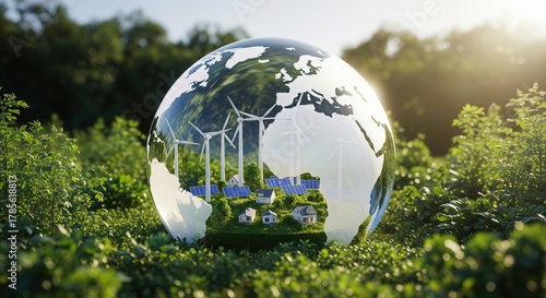 Wallpaper Mural Sustainable energy concept with wind turbine, solar panel, eco house, and green landscape inside glass globe, symbolizing clean energy, environmental protection, and renewable resources Torontodigital.ca