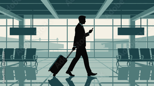 Silhouette of a businessman walking with luggage and phone in an airport terminal waiting area scene