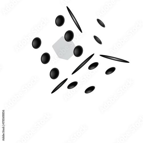 Abstract Geometric Composition Featuring Black Spheres and Ellipses on a Transparent Background with Subtle Gray Shape