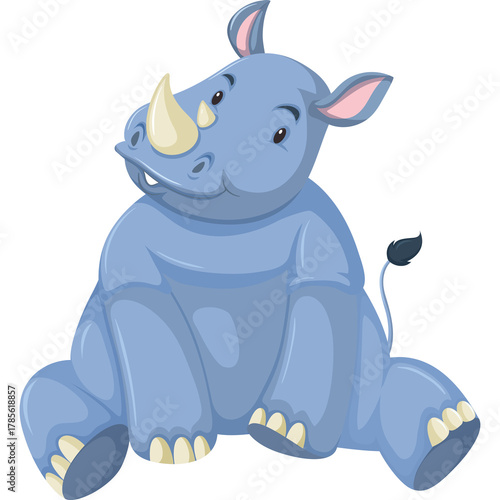 Cartoon Baby Rhinoceros Sitting Peaceful Blue Skin Tan Horn Cute Happy Expression Simple Isolated Graphic Illustration