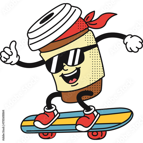 Cartoon coffee cup character with sunglasses and bandana riding a skateboard with a thumbs up gesture conveying a cool and energetic vibe on a transparent background