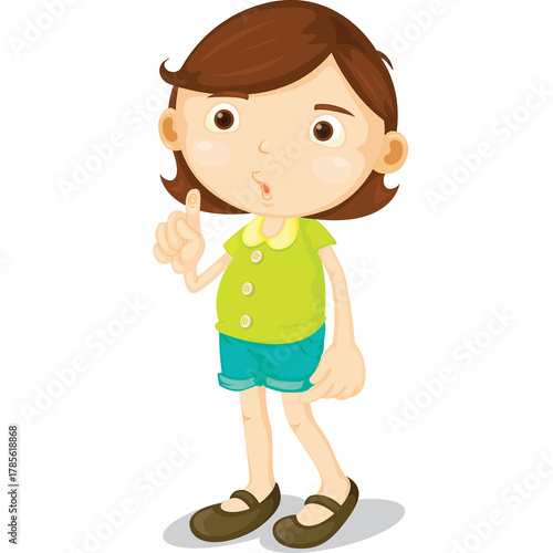 Cartoon illustration of a young girl with brown hair wearing a green shirt and blue shorts standing with her finger raised in a thoughtful pose on a white background