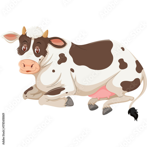 Cartoon Holstein Friesian Cow Lying Down Peaceful Farm Animal with Black and White Patches and Pink Udder and Golden Hooves and Horns on Transparent Background