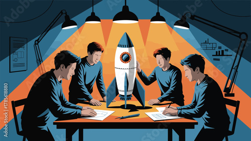 Team of four men working on a rocket project at a table under bright lights in a blue and orange room