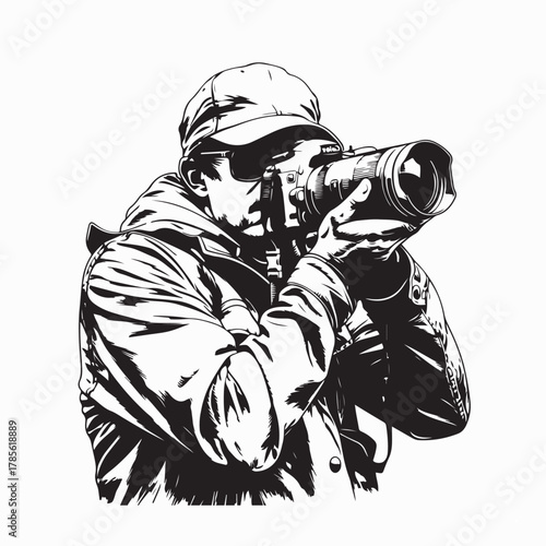 Professional Photographer in Action Vector Art with Camera