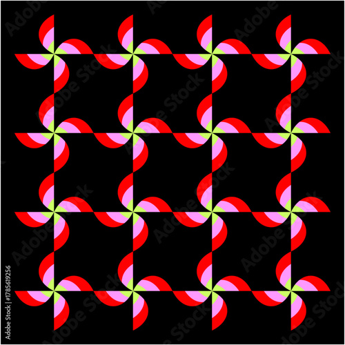 A vivid geometric tapestry of intertwined red, pink, and green pinwheel patterns on black, symbolizing energy, rhythm, connection, and endless creative motion.