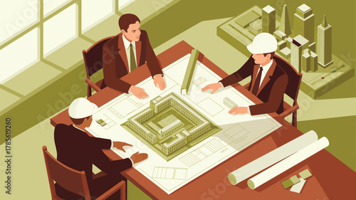 Three architects in suits and hard hats reviewing building plans at a table with model buildings nearby