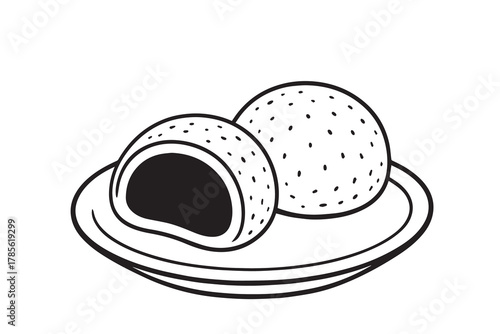 A clean black and white vector of mochi food, created in simple style to represent traditional dessert culture, softness, and modern minimalist illustration concept.