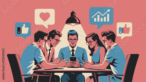 Group of people sitting around a table looking at their phones with social media icons above them