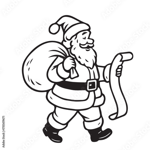 Vector illustration of Santa Claus carrying a large sack of gifts on his back while carefully checking a long list in his hand, designed in elegant simple black and white style.