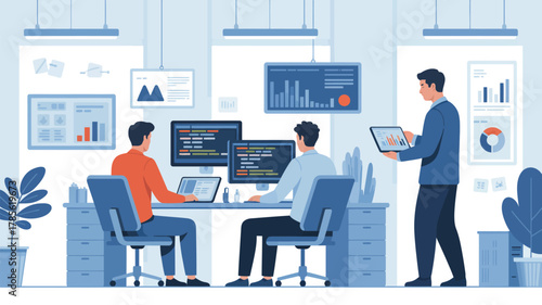 Three people working in an office environment with monitors and charts on the wall and tablets used