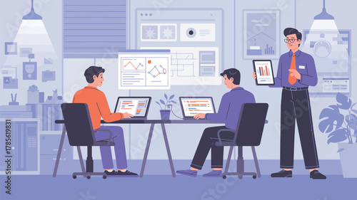 Three colleagues in an office setting working on laptops and presenting data on a tablet device