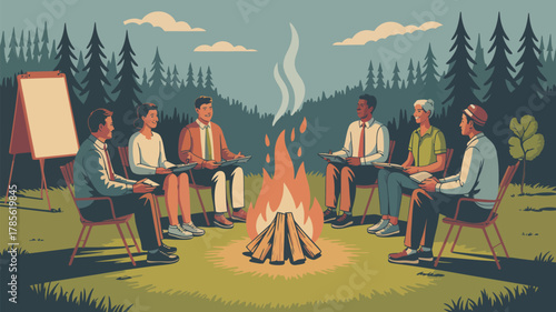 Group of people sitting in a circle around a campfire with a whiteboard in a forest setting meeting