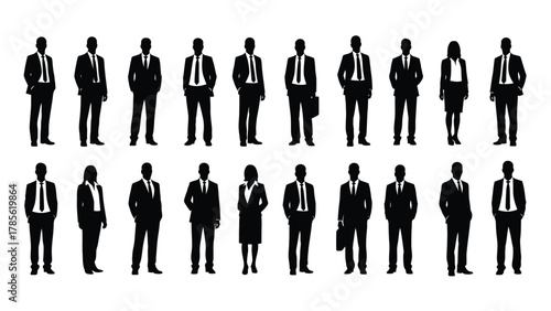Business People Silhouettes Vector Set. Full body collection of diverse male and female professionals, managers, and corporate staff in suits and ties standing isolated on white.