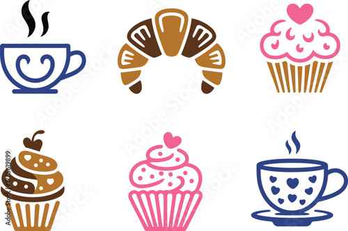 Delicious breakfast treats with coffee, croissant, and cupcakes for cafe branding