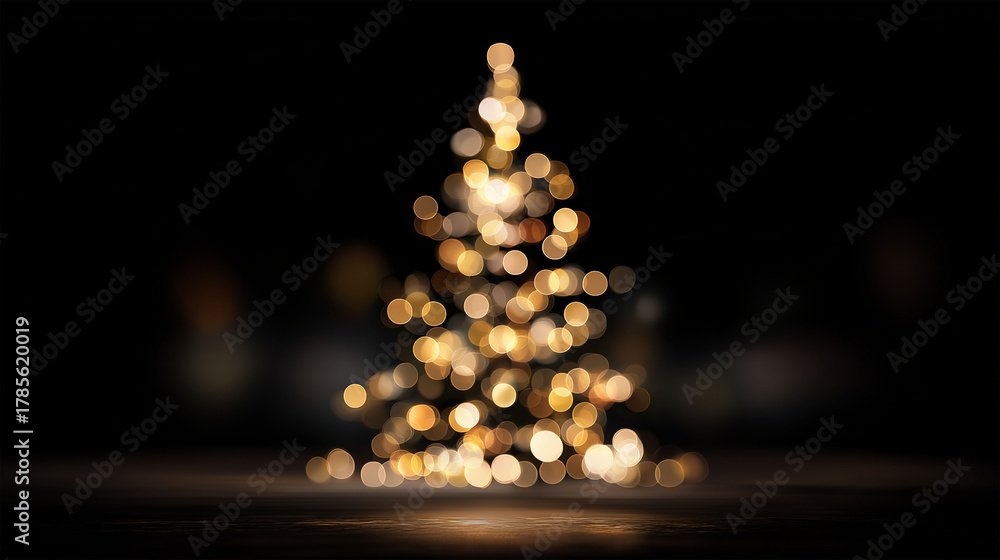 Fototapeta premium Golden bokeh lights coalesce to form a festive Christmas tree, radiating warmth and cheer against a dark backdrop. The blurred lights create a magical and enchanting atmosphere of the holiday season.
