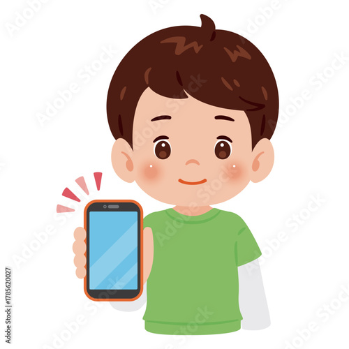 スマートフォンの画面を見せる男の子　上半身イラスト／Upper Body Illustration of Boy Showing Smartphone Screen