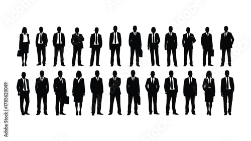 Vector silhouettes set of business people. Large group of standing corporate professionals (men and women) in suits, isolated for team illustration.