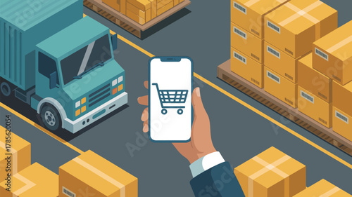 Isometric view of a hand holding a phone with a shopping cart icon in a warehouse setting with boxes
