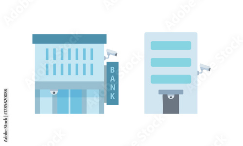 監視カメラと銀行・マンションのイラスト