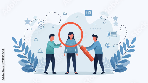 HR Search and Selection Process Illustration. Two recruiters use a magnifying glass to evaluate a female job candidate, symbolizing talent acquisition and employee assessment.