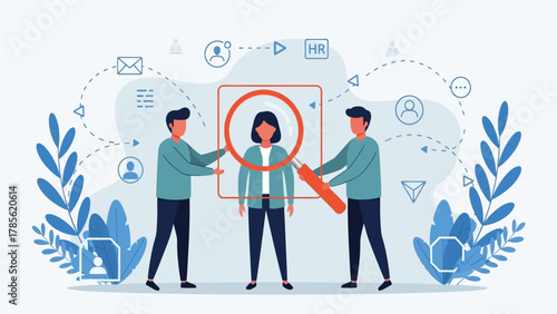 Talent Search and Recruitment Process Vector Illustration. HR Managers Looking for the Right Candidate, Employee Selection and Assessment Concept