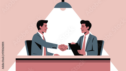 Two businessmen shaking hands across a desk under a bright light in a minimalist vector illustration