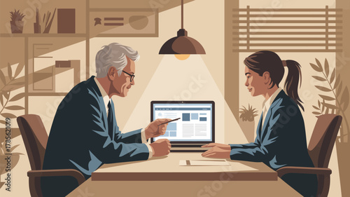 Man and woman at desk with laptop discussing business in office setting with window and plants nearby