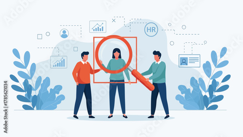 Professional HR Team Using Magnifying Glass to Select Best Candidate for Job Vacancy