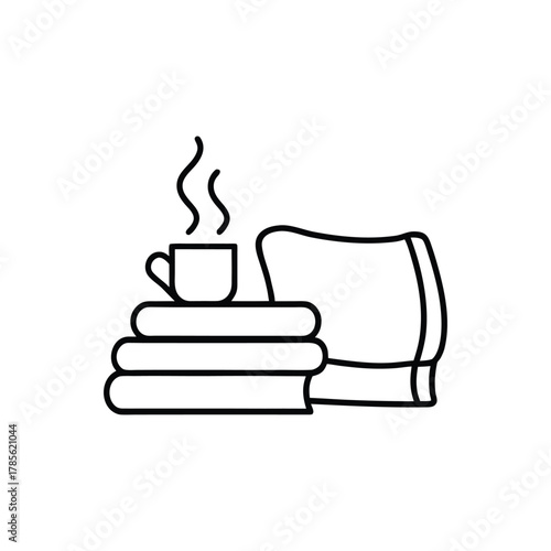 Cozy scene illustration steaming cup of coffee or tea atop a stack of books next to a pillow, representing comfort and relaxation