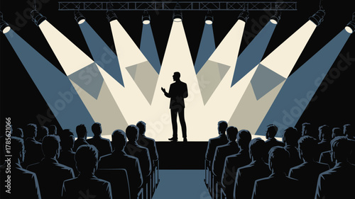 A speaker on stage delivering a presentation to an audience under bright spotlights in a conference hall