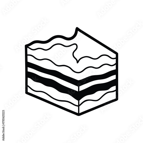 A simple line illustration of a layered dessert or cake slice, showcasing its various components and textures in a cross-section view, perfect for menus or sweet treat icons