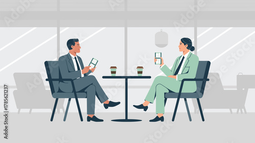 Business colleagues meet at a cafe looking at their phones during a coffee break in a bright office space