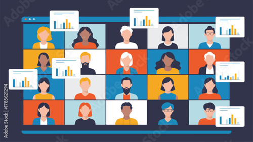 A virtual meeting with diverse people and charts in a grid layout on a computer screen display view