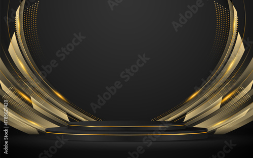 Black podium with elegant gold lines for the best awards or product display. stage or podium. vector illustration	
