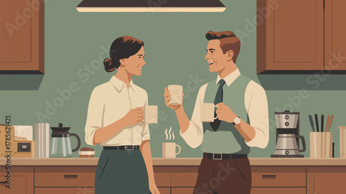 A couple in a kitchen setting holding coffee cups and smiling at each other with kitchen appliances