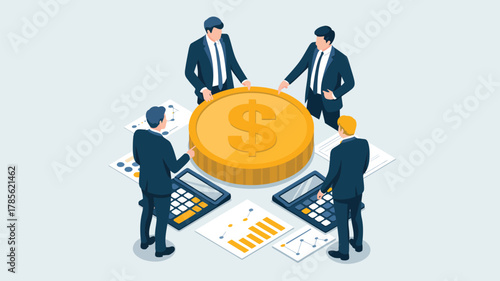 Isometric illustration of business team analyzing financial data with large dollar coin symbol