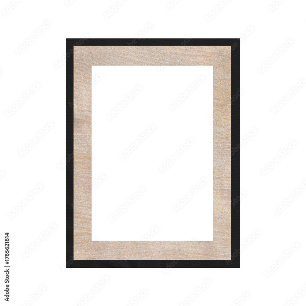Fototapeta premium Modern black vertical photo frame with a light wood grain texture mat, isolated on a white background. 