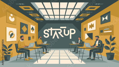 Illustration of startup office space with people working at desks and modern art on the walls