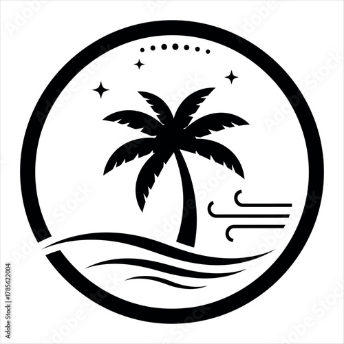 Stylized palm tree in circular emblem icon isolated on white background