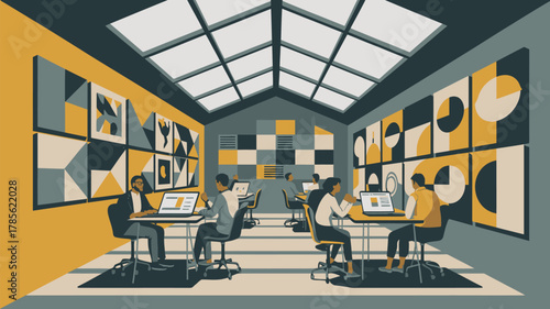 People working on laptops in a modern office space with skylights and geometric art on the walls