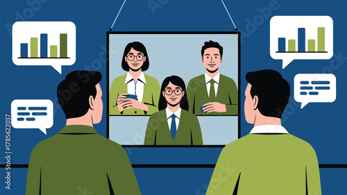 Two individuals attending a virtual meeting with three participants displayed on a hanging screen in blue room