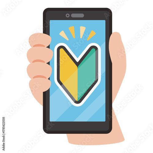 初心者マークが表示されたスマートフォン画面イラスト／Smartphone Screen with Japanese Beginner Mark – Illustration