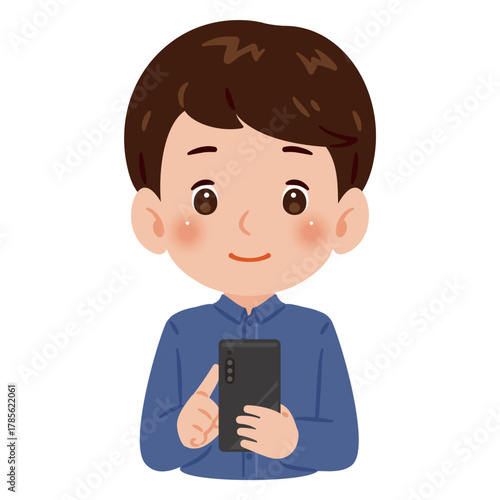 スマートフォンを操作する男性　上半身イラスト／Upper Body Illustration of Man Using Smartphone