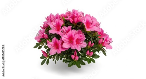 Vibrant pink azalea bush blooming with lush green leaves isolated on white background