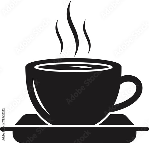 Black Silhouette of Coffee Cup with Steam on White Background drink