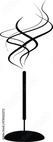 Black Silhouette Of Incense Stick With Swirling Smoke On White Background aroma