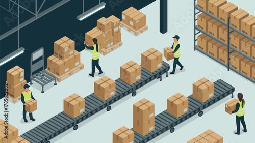 Isometric warehouse scene depicting workers handling boxes on conveyor belts and shelving units filled with packages